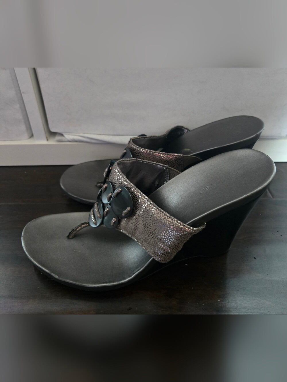 Calvin Klein Metallic Gunmetal Wedge Sandals Size 8.5